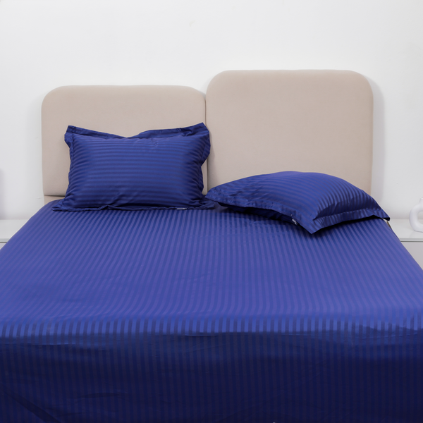 Luxury Satin Stripe Fitted Bedsheet, Dark Blue